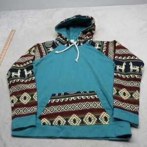 Blue Footed Design Hoodie Men Medium Teal Aztec Southwestern Wool Blend Boho VTG